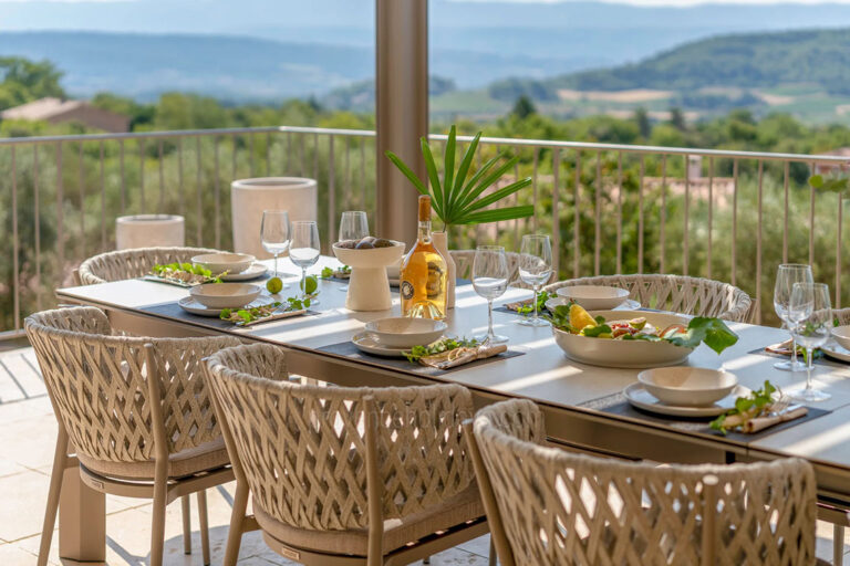 Espace repas extérieur sous terrasse couverte avec table en bois et vue panoramique